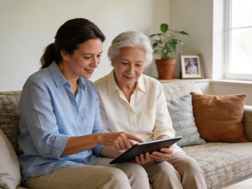 Daughter helping mother get started on a tablet